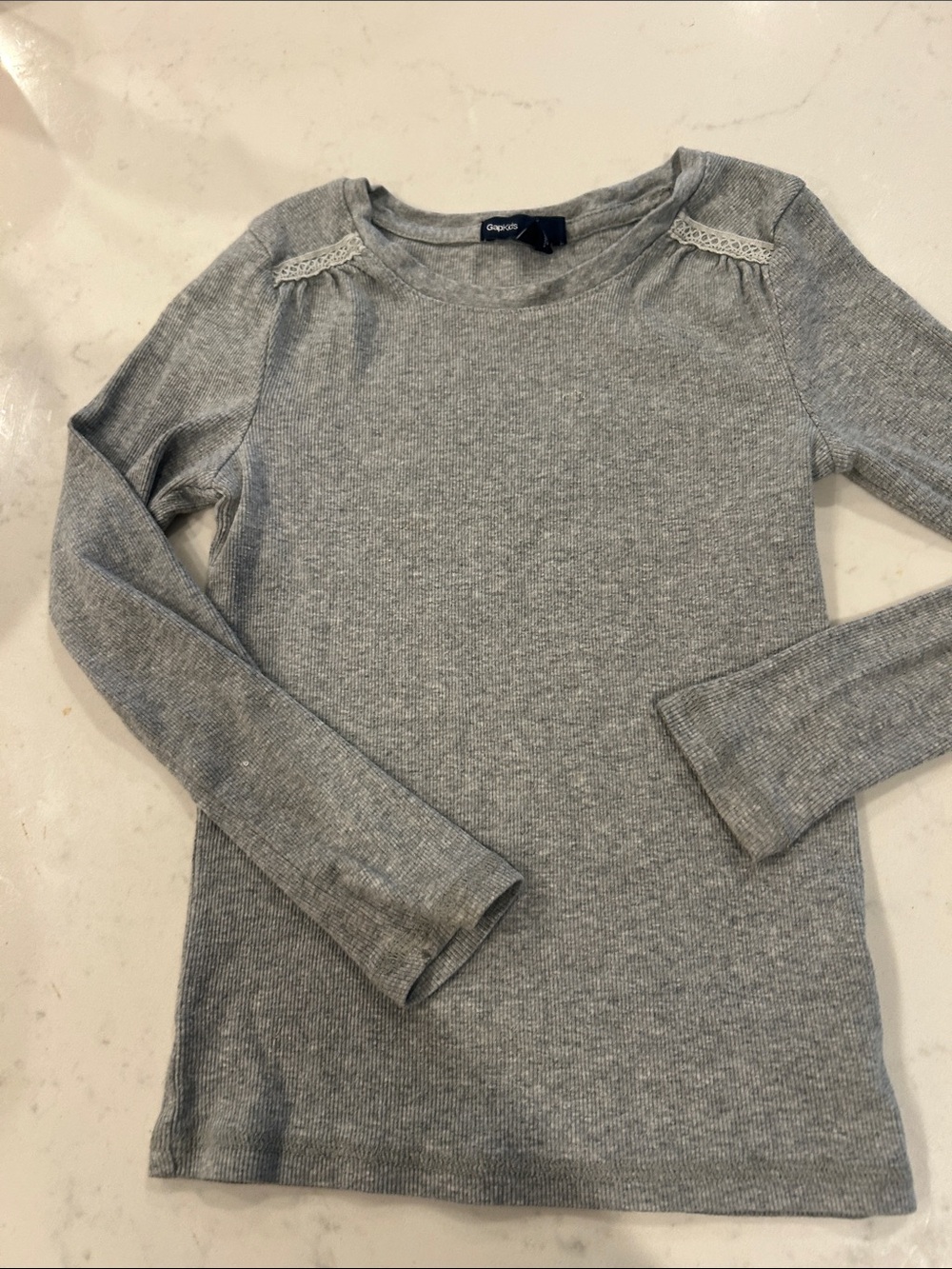 GAP Gray Ribbed Long-Sleeve Crew with Lace Shoulder Detail